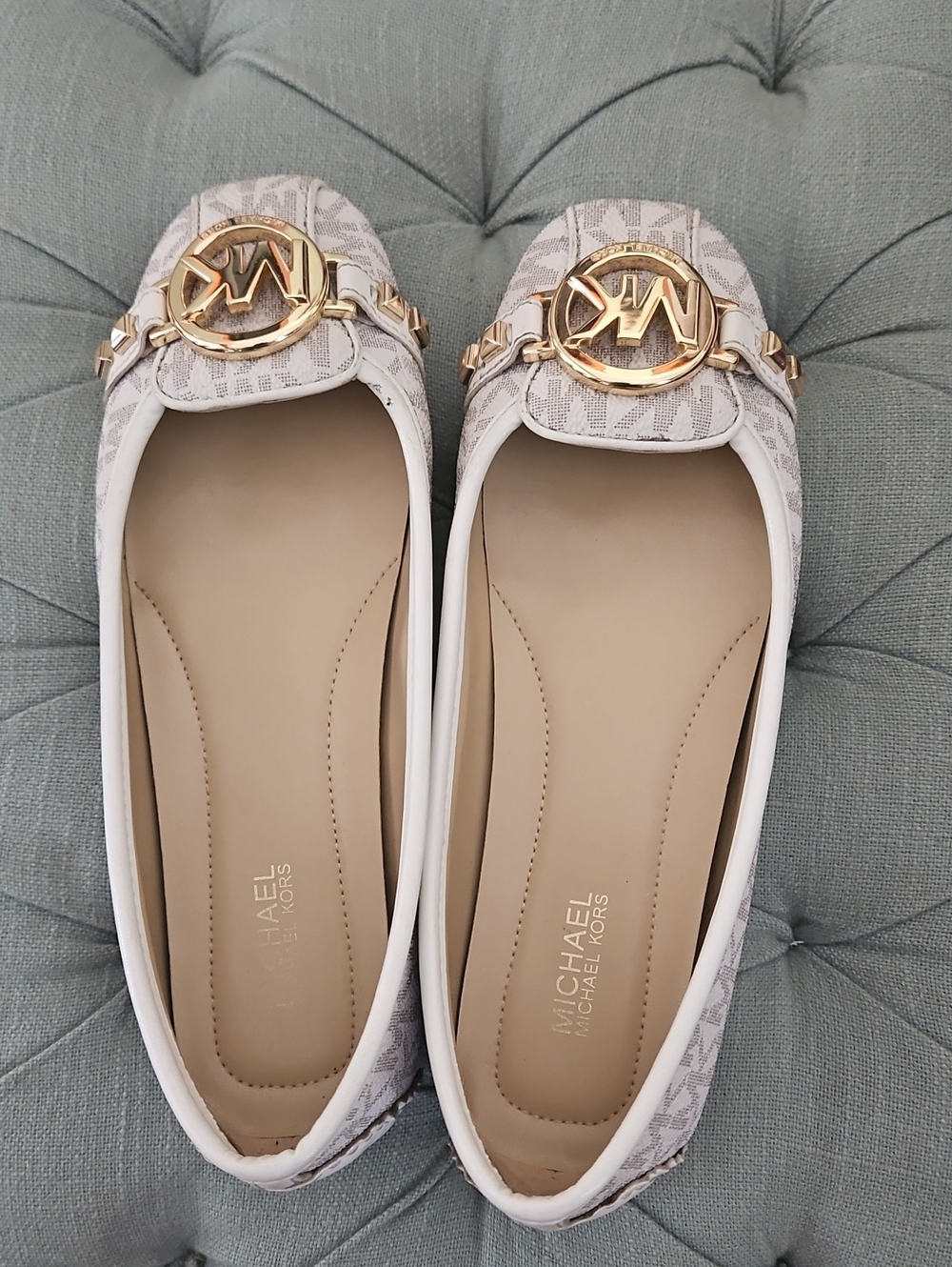 Michael Kors Cream Logo Ballet Flats with Gold Emblem